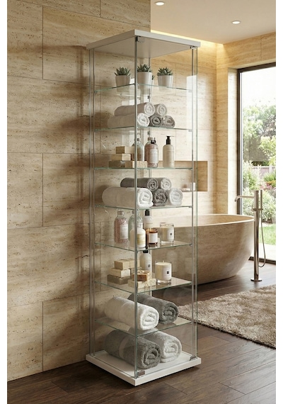 Cam Raflı Kapaklı Düzenleyici Banyo Dolabı Çok Amaçlı Lavabo Malzeme Dolap Havluluk Organizer Beyaz-7raf