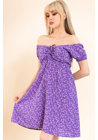 Aqe Fashion Kadın Lila Önü Büzgülü Beli Lastikli Elbise Lila