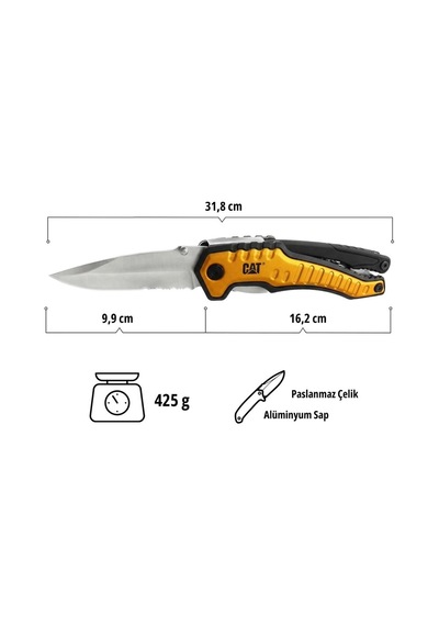 Cat Da980045 9 In 1 Çok Fonksiyonlu Katlanabilir 27cm Paslanmaz Çelik Sarı Kamp Çakısı Bıçağı + Taşı