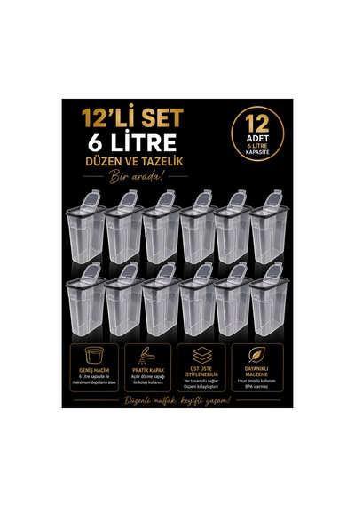 12 Adet 6 Litre Erzak Saklama Kabı Gri Kapaklı, Pratik Dökme Kapaklı, İstiflenebilir Büyük Boy Organizer Şeffaf