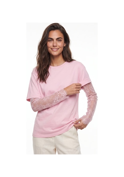 Onloox Kadın Pembe Pembe Pamuklu Bisiklet Yaka Oversize Transparan Dantel Uzun Kol Detaylı T-shirt