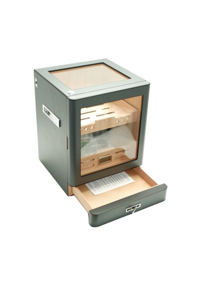 Premiumquality Sucre Aksesuar Çekmeceli İçi Ledli Karbon Desenli Sedir Humidor Puro Kutusu - Tr9647