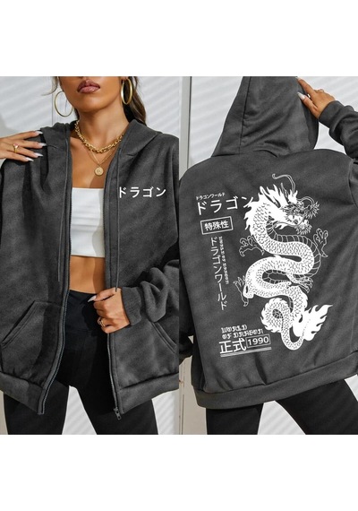Startmore Startmoredünya Ejderha Özel 1990 Desen Kadın Fermuarlı Kapüşonlu Kıyafet Trendy Polar Hoody Rahat Sonb Antrasit