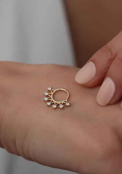 14 Ayar Altın 7 Taşlı Taç Piercing Sarı