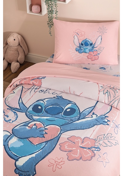 Özdilek Stitch Aloha Tek Kişilik Disney Lisanslı Lastikli Çarşaf Çocuk Pike Takımı Pembe