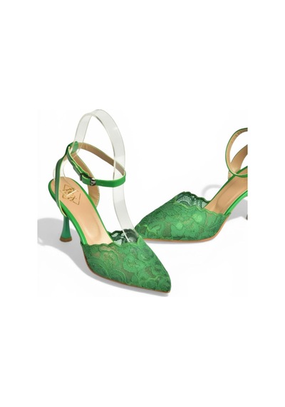Fox Shoes Y752044206 Yeşil Dantelli İnce Topuklu Kadın Ayakkabı