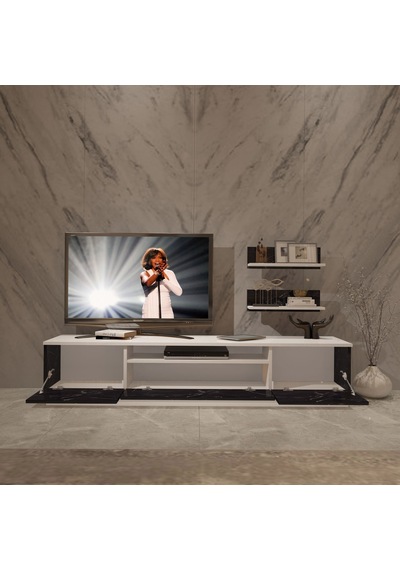 Trendstyle 4s Mdf Tv Ünitesi Ve Orta Sehpa 2'li Set - Beyaz Siyah Mermer Beyaz - Royal Mermer