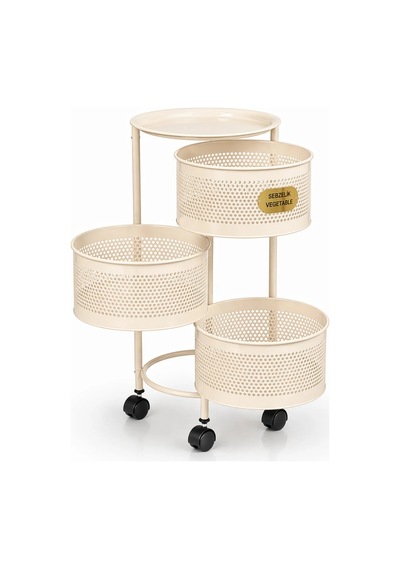 River World Tekerlekli Rengi Krem Açılabilen 3 Katlı Çok Amaçlı Metal Raf Mutfak, Balkon, Kiler Çok Renkli