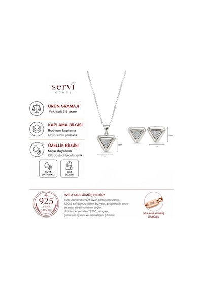 Servi 925 Ayar Gümüş Tria Zirkon Taşlı Üçgen Kolye Ve Küpe Seti-536