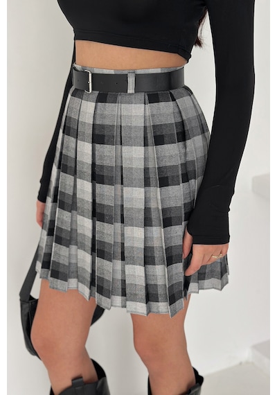 Kadın Pileli Ekose Mini Short Etek Grunge Charm Siyah