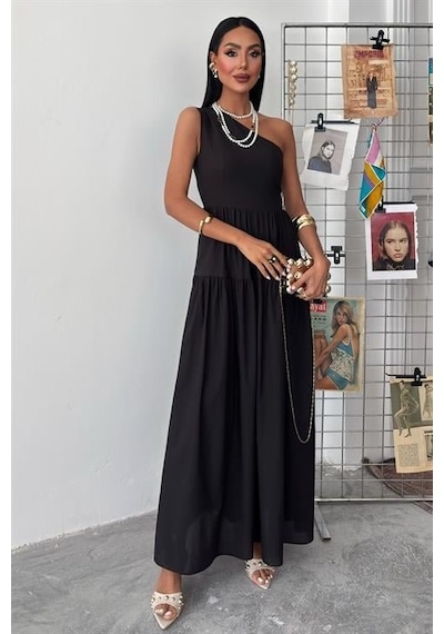Hazego Tek Omuzlu Pile Detay Maxi Elbise 2895 S