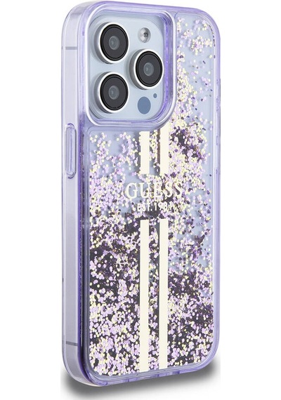 Apple Uyumlu iPhone 15 Pro Kılıf Guess Lisanslı Transparan Sıvılı Simli Altın Çizgili Kapak Mor