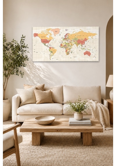 Tam Renk Dünya Haritası World Map Dekoratif Kanvas Duvar Tablosu Çok Renkli