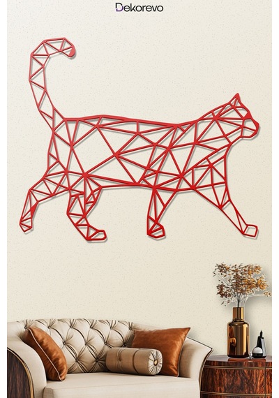Geometrik Kedi Metal Duvar Tablosu - Metal Duvar Sanatı - Kırmızı - 30 X 30 Cm