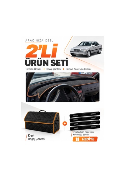 Mercedes W202 C-class 1993-2000 Uyumlu Torpido Örtüsü + Deri Çanta + Sticker - Siyah Kahverengi