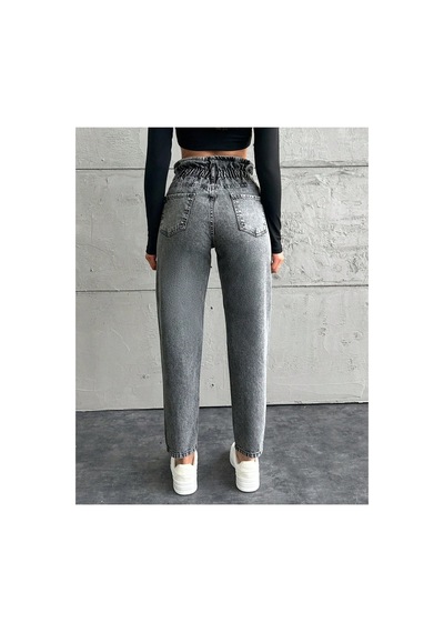 Kene Jeans Yüksek Bel Kar Siyah Çift Düğme Kemer Büzgülü Mom Jeans Kar Siyah