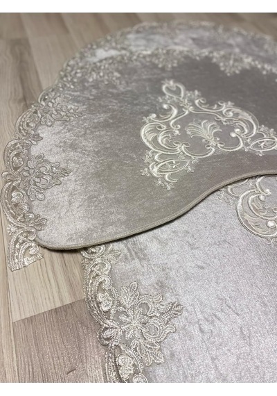 Milas Kaymaz Taban, Kadife Dantel Detaylı 2'li Süper Lüks Oval Banyo Paspası Seti, Gri, 60x100 Cm Çok Renkli