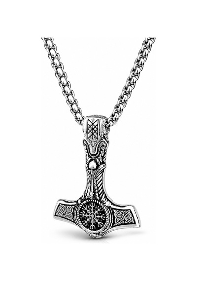 Gümüş Kaplama K-150 Paslanmaz Kromix Erkek Kolyesi Thor'un Çekici Viking Baltası Gravürlü Madalyon Beyaz