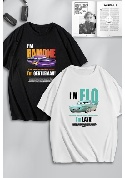 Unisex Kadın Erkek Ramone,flo Layd Ve Gentleman Baskılı Sevgili Çift Kombini Tasarım Oversize Tshirt Siyah Beyaz Mck0507 Siyah Beyaz