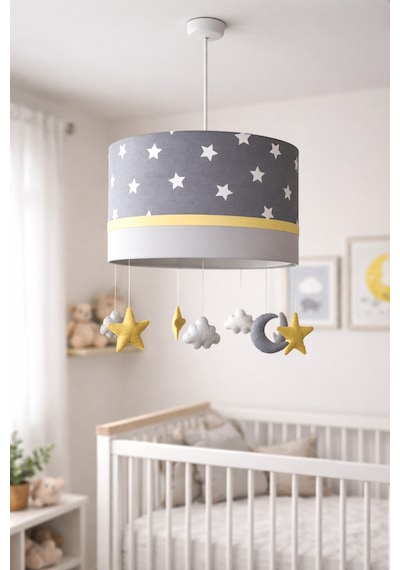 Gri Yıldızlı Sarı Bebek Odası Avizesi El Yapımı Çocuk Sarkıt Aydınlatma 30x20 Cm Sarıgri