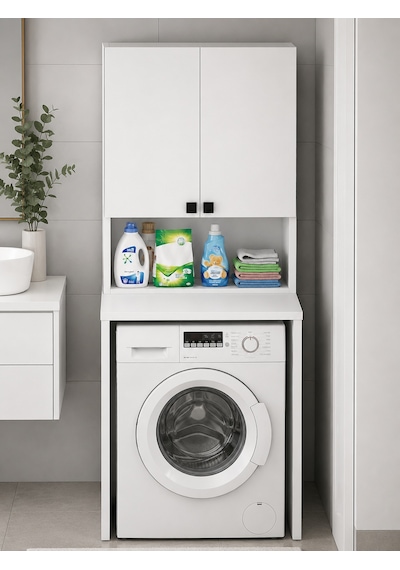 Susa Çamaşır Makinesi Üst Dolabı Çok Amaçlı Banyo Ve Çamaşır Odası Düzenleyici Raflı Kapaklı Depolama Dolabı Beyaz