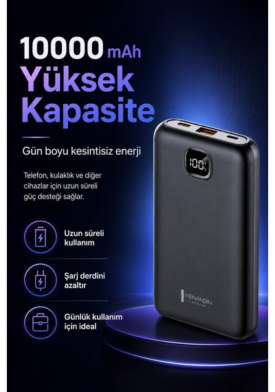 Cep Telefonu Uyumlu 10000 Mah Dijital Göstergeli Hızlı Şarj Powerbank Çok Renkli