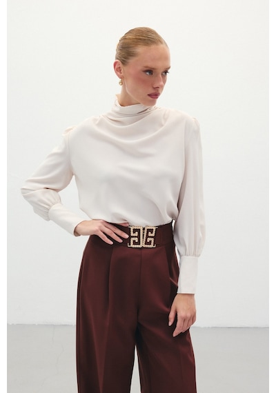 Sateen Drape Detaylı Bluz - Bej
