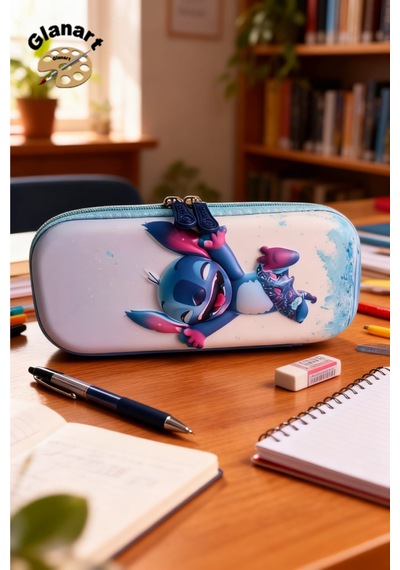 Stitch Kabartmalı İçi Fileli Kalem Kutusu Kalemlik 1 Adet Buz Mavi Açık Mavi