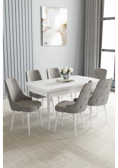 Zümra Serisi, Beyaz 80x132 Açılabilir Mdf Mutfak Masası Takımı 6 Adet Sandalye, Gri Zümra Serisi, Beyaz 80x132 Açılabilir Mdf Mutfak Masası Takımı 6 Adet Sandalye, Gri