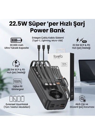 30.000 Mah 22.5w Hızlı Şarj Powerbank Taşınabilir Şarj Cihazı Dijital Göstergeli Dahili Çoklu Kablolu Powerbank Siyah
