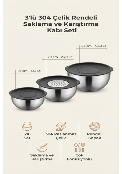 Makri Home 3'lü 304 Çelik 9 Parça Rendeli Saklama Ve Karıştırma Kabı Seti
