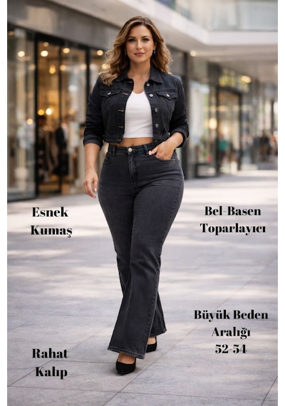 Cedy Denim Cedy Denım - Kadın Büyük Beden İspanyol Paça Yüksek Bel Skinny Fit Likralı Pantolon C628 Gri