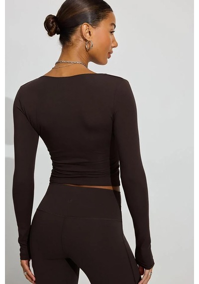 Seeh Kahverengi Kare Yaka Uzun Kollu Kadın Body Sh206