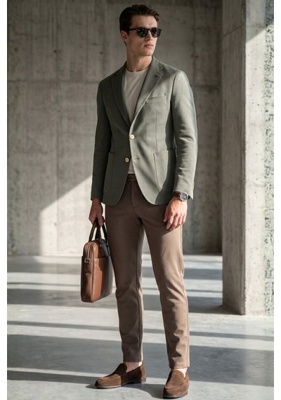 İmza Haki Mono Yaka Gofreli 6 Drop Slim Fit Esnek Ceket 1002260151
