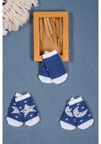 Cocole Socks Erkek Bebek Soket Çorabı 3 Lü Set Pamuklu Lacivert Ay & Yıldız Desenli Çok Renkli