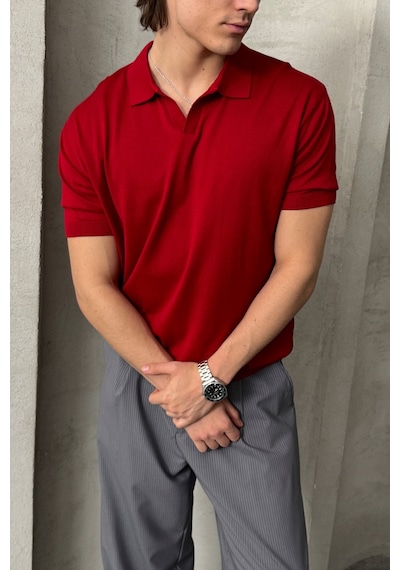 Erkek Oversize Pamuklu Polo Yaka Triko T-shirt Kırmızı