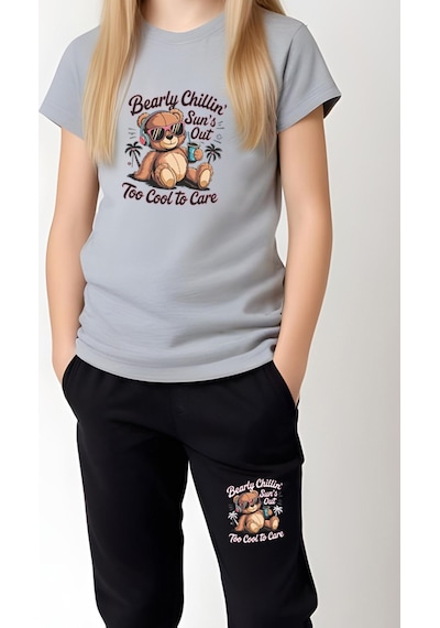Fyk Kids Kız Çocuk Yuvarlak Yaka Baskılı Bearly Chillin Alt-üst Pijama Takımı Gri