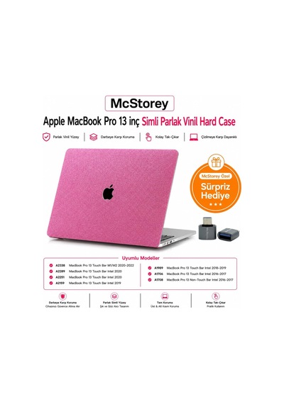Macbook Pro 13 İnç M1 M2 Uyumlu Sert Kapak Kılıf Simli Parlak Pembe Yüzey Alt + Üst Kapak 360 Çizilmeye Dayanıklı Açık Pembe