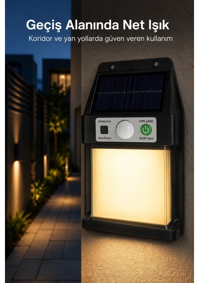 Güneş Enerjili Sensörlü Solar Aplik Dış Mekan Kapı Bahçe Teras Duvar Aydınlatma Sarı
