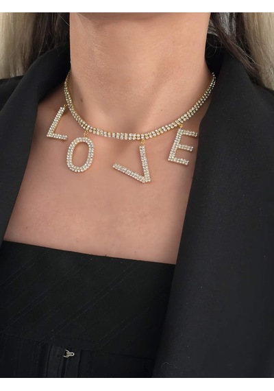 Love Aşk Kristal Taşlı Party Style Altın Kaplama Gold Renk Kolye Gold Çok Renkli