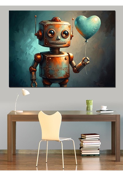 Ahşap Tablo Kalp Tutan Küçük Paslı Robot
