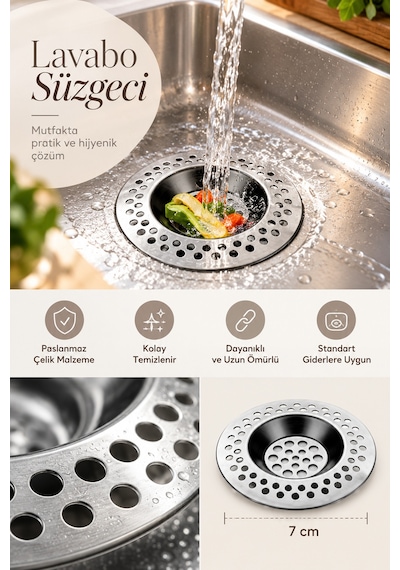 Porsima Sd-678 Paslanmaz Çelik Lavabo Süzgeci- Evye Süzgeci-7 Cm