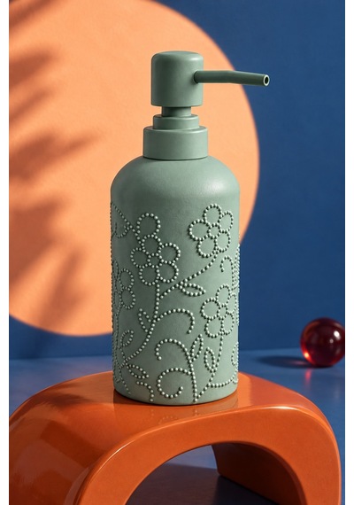 Rosıe Adaçayı Yeşili Çiçek Dokulu Yuvarlak Seramik Sıvı Sabunluk 350 Ml Karışık