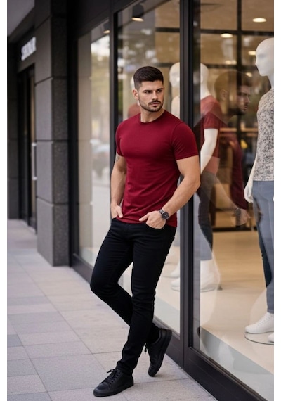 Erkek Body Tişört Bisiklet Yaka Slim Fit Likralı T-shirt - Bordo