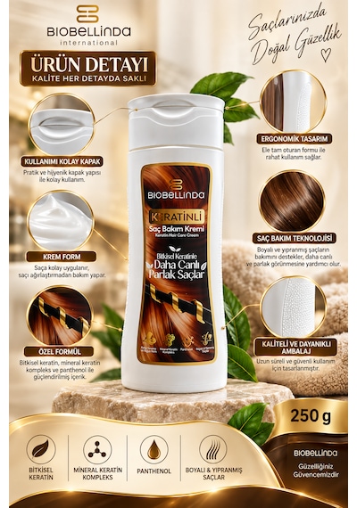 Keratinli Saç Bakım Kremi Bitkisel Keratin, Mineral Keratin Kompleks Ve Panthenol, Boyalı & Yıpranmış Saçlar 250 Gr