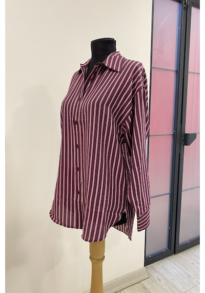 Pera Moda Oversize Çizgili Modal Gömlek Bordo