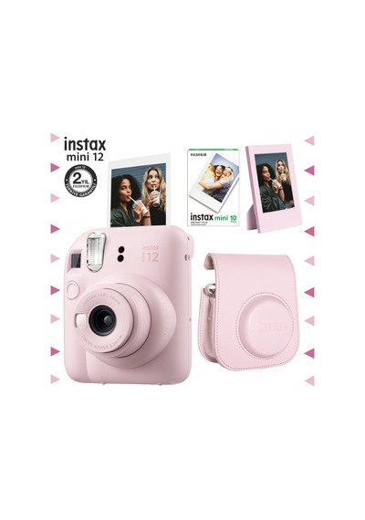 Fujifilm Instax Mini 12 Fotoğraf Makinesi + 10'lu Film + Çerçeve + Deri Kılıf Seti Pembe