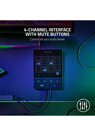 Razer Audio Mixer - Xlr, 3,5 Mm Ve Optik Girişe Sahip Usb Ses Arabirimi - Sessiz Düğmeli 4 Kanallı Arabirim - Tak Ve Çalıştır Siyah