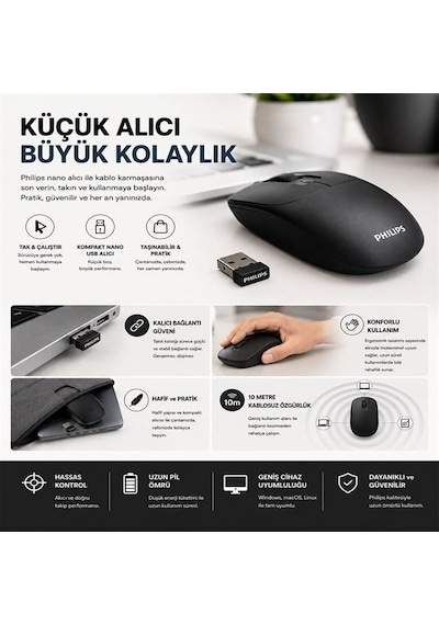Philips Spk7398b/38 1600 Dpı Sessiz Tıklama Siyah Kablosuz Ofis Mouse