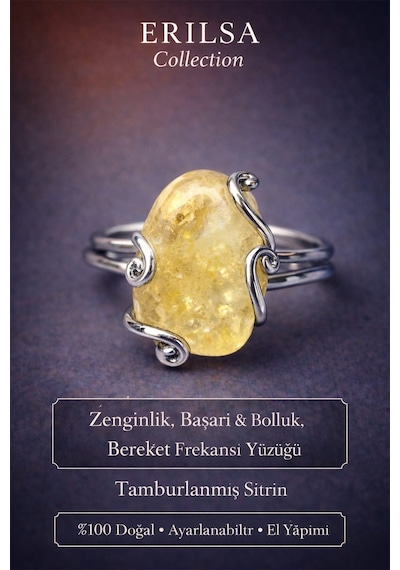 Sertifikalı Zenginlik Başarı Bolluk Bereket Frekansı Yüzüğü – Tamburlu Sitrin Taşı Ayarlamalı